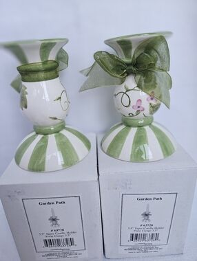 Green Spring Themed  Taper Candle Holders Pink Floral Design NIBA